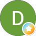 A white "D" on a green circle, with a smaller circle containing a white star on a blue and orange gradient.